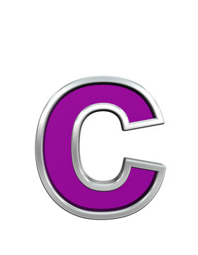 One lower case letter from purple glass with chrome frame alphabet set, isolated on white. Computer generated 3D photo rendering.