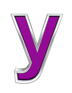 One lower case letter from purple glass with chrome frame alphabet set, isolated on white. Computer generated 3D photo rendering.