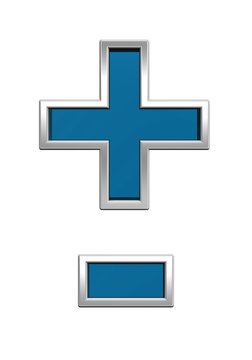 Hyphen, minus, plus marks from blue glass with chrome frame alphabet set, isolated on white. Computer generated 3D photo rendering.