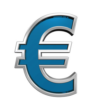 Euro sign from blue glass with chrome frame alphabet set, isolated on white. Computer generated 3D photo rendering.