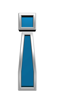 Exclamation mark sign from blue glass with chrome frame alphabet set, isolated on white. Computer generated 3D photo rendering.