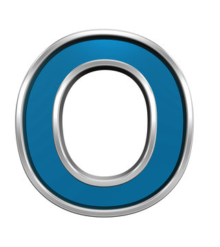 One letter from blue glass with chrome frame alphabet set, isolated on white. Computer generated 3D photo rendering.