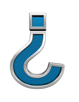 Question mark sign from blue glass with chrome frame alphabet set, isolated on white. Computer generated 3D photo rendering.