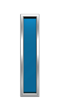 One letter from blue glass with chrome frame alphabet set, isolated on white. Computer generated 3D photo rendering.