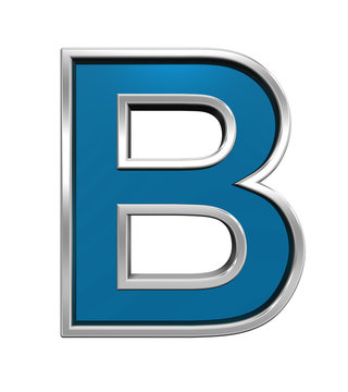 One letter from blue glass with chrome frame alphabet set, isolated on white. Computer generated 3D photo rendering.