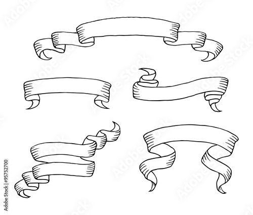 Hand Drawn Vintage Scroll Ribbon Banners Isolated On White