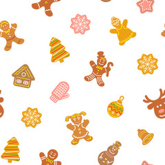 Wall Mural - Flat vector Christmas background seamless pattern with different cookies. Gingerbread men, deer, snowflake, bell and other winter holidays symbols. Traditional festive wallpaper, wrapping paper design