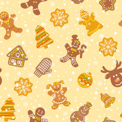 Wall Mural - Flat vector Christmas background seamless pattern with different cookies. Gingerbread men, deer, snowflake, bell and other winter holidays symbols. Traditional festive wallpaper, wrapping paper design