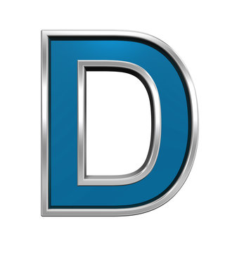 One letter from blue glass with chrome frame alphabet set, isolated on white. Computer generated 3D photo rendering.