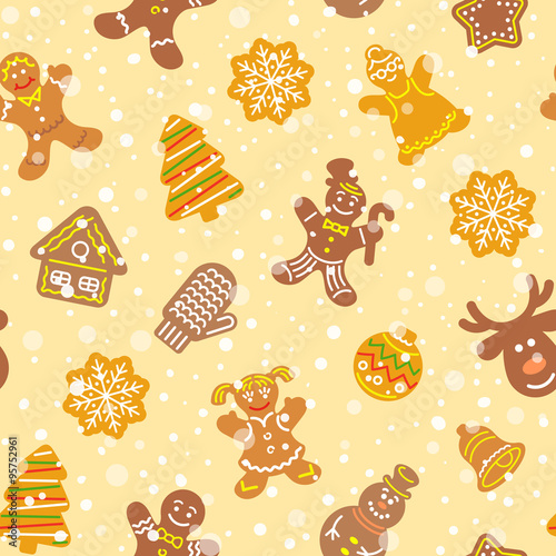 Stoffe zum Nähen Flache Vektor Weihnachten Hintergrund nahtlose Muster mit verschiedenen Cookies. Lebkuchenmänner, Hirsch, Schneeflocke, Bell und anderen Winter Ferien Symbole. Traditionelle festliche Tapete, Verpackung Papier-design