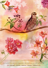 Vintage 2016 Wall Calendar With Watercolor Birds And Flowers; February