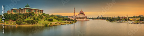 Sunset over Putrajaya Mosque and Panorama of Kuala Lumpur Wallpaper Mural