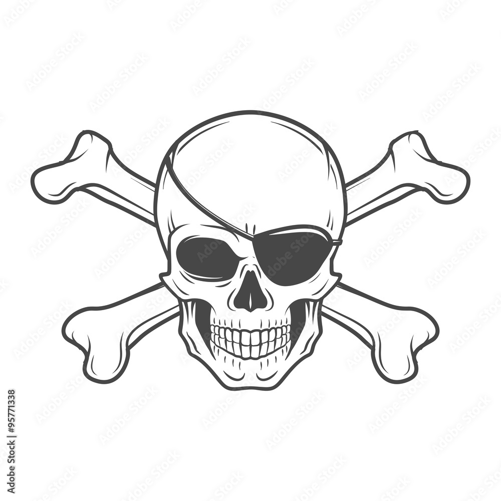 Jolly Roger with eyepatch and crossbones logo template. Evil skull vector. Dark t-shirt design. Pirate icon Stock Vector | Adobe Stock