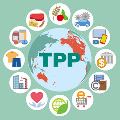 TPP (Trans Pacific Partnership) and various trading goods, services, vector icons and illustrations