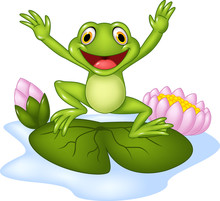 Cartoon Happy Frog Jumping On A Water Lily