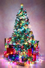 Wall Mural - Decorated Christmas tree with colorful lights surrounded by pres