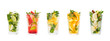 Collection of mojito cocktails with strawberry, orange, ginger.