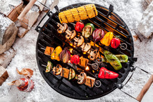 Veggie Kebabs Grilling On A Winter BBQ