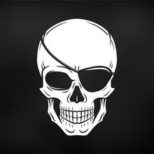 Jolly Roger With Eyepatch Logo Template. Evil Skull Vector. Dark T-shirt Design On Black Background. Pirate Insignia Concept