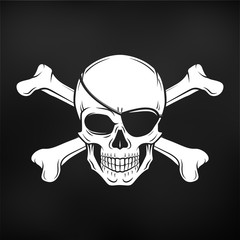 jolly roger with eyepatch and crossbones logo template. evil skull vector. dark t-shirt design. pira