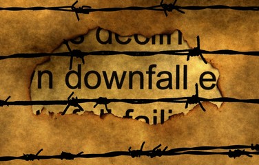 Wall Mural - Downfall text on paper hole against barbwire