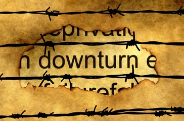 Wall Mural - Downturn text on paper hole against barbwire