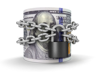 Poster - Pile of Dollars and lock (clipping path included)