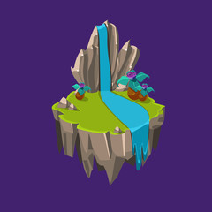 Poster - Cartoon Stone Isometric Island with Waterfall and Cliff for Game, Vector Illustration