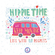 Vintage Hippie Time Print With A Mini Van, Decoration And Letter