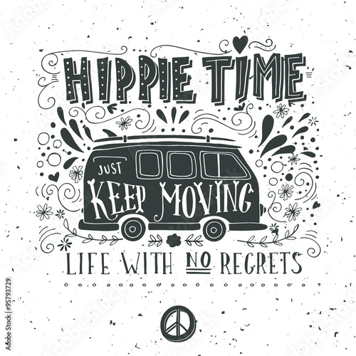 Photographie Vintage hippie time print with a mini van, decoration and letter