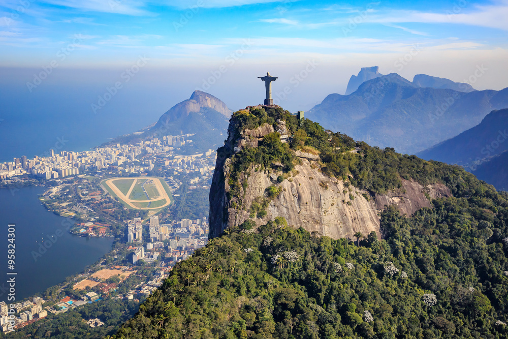 Aerial view of Christ the Redeemer and Rio de Janeiro city - obrazy, fototapety, plakaty 