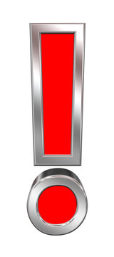 Exclamation mark sign from red with chrome frame alphabet set, isolated on white. Computer generated 3D photo rendering.