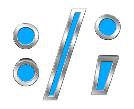 Colon, semicolon, period, comma sign from light blue with chrome frame alphabet set, isolated on white. Computer generated 3D photo rendering.