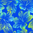 Tropical flowers blue seamless pattern with watercolour effect