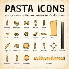 Vector Doodle Icons of Various Pasta Types