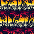 Tropical palm tree at sunset with hibiscus flowers seamless patt