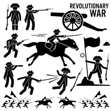 Revolutionary War Soldier Horse Gun Sword Fight Independence Day Patriotic Stick Figure Pictogram Icons