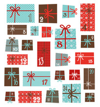 Advent Calendar.Collection Of Vector Colorful Christmas Present Boxes. Holiday Seamless Pattern. Calendar Advent