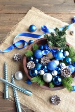 Christmas Tree,blue Ornaments And Candles