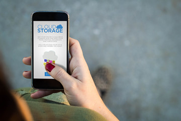 Canvas Print - woman walking smartphone cloud storage