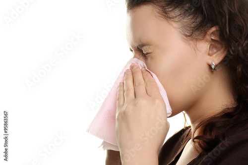 Fotografie, Obraz the girl with the runny nose on a white isolated background