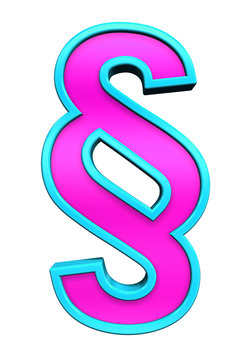 Paragraph sign from pink glass with blue frame alphabet set, isolated on white. Computer generated 3D photo rendering.