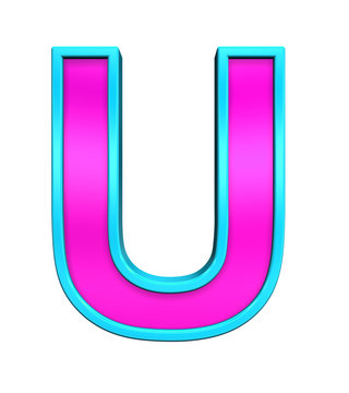 One letter from pink glass with blue frame alphabet set, isolated on white. Computer generated 3D photo rendering.
