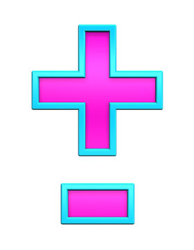 Hyphen, minus, plus marks from pink glass with blue frame alphabet set, isolated on white. Computer generated 3D photo rendering.