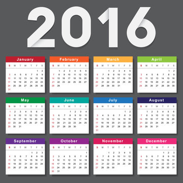Calendar 2016. Week starts from Sunday