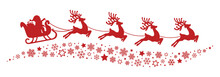 Santa Sleigh Reindeer Flying Snowflakes Red Silhouette