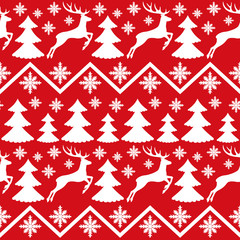 Wall Mural - Deer and trees on red pattern for seamless background.