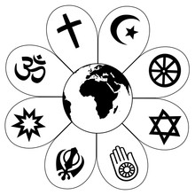World Religions - Flower Icon Made Of Religious Symbols And Planet Earth In Center. Isolated Vector Illustration On White Background.