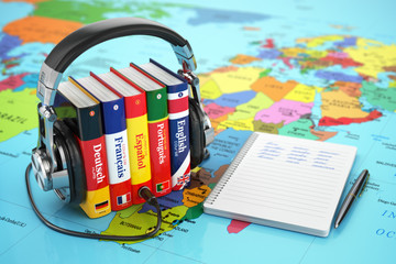 Poster - Learning languages online. Audiobooks concept. Books and headpho