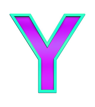 One letter from purple glass with blue frame alphabet set, isolated on white. Computer generated 3D photo rendering.